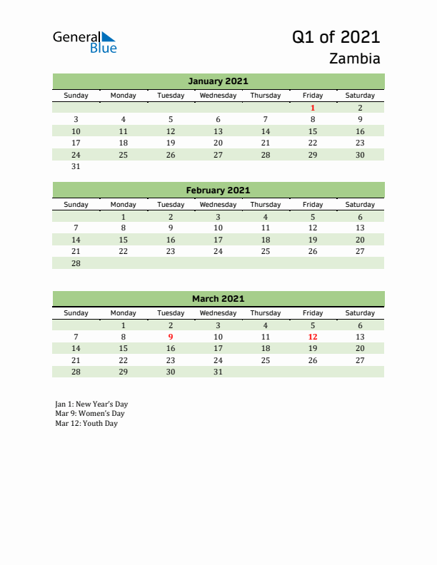 Quarterly Calendar 2021 with Zambia Holidays