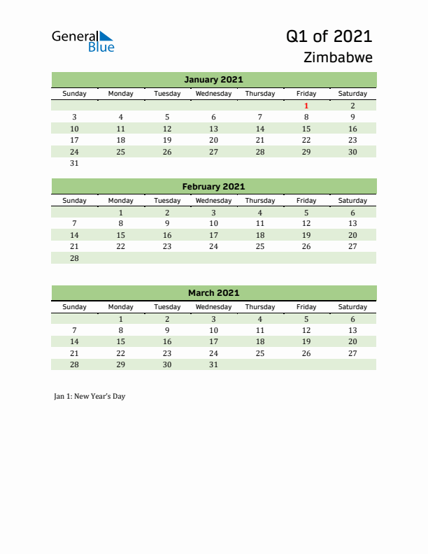 Quarterly Calendar 2021 with Zimbabwe Holidays