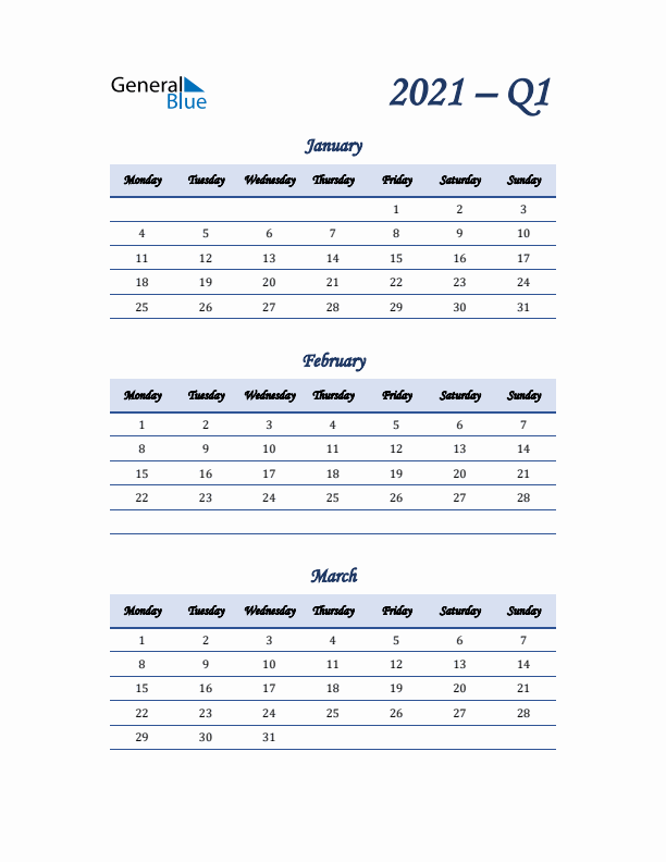 Monday Start 2021 Quarterly Calendar