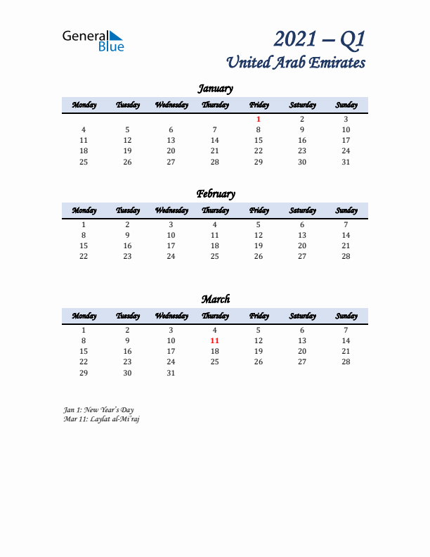 January, February, and March Calendar for United Arab Emirates with Monday Start