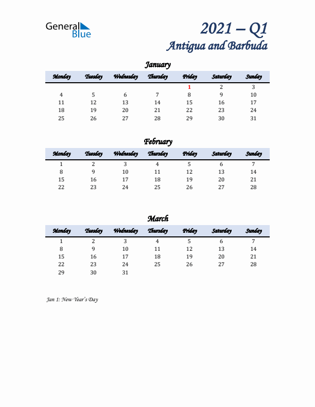 January, February, and March Calendar for Antigua and Barbuda with Monday Start