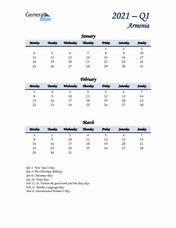 January, February, and March Calendar for Armenia with Monday Start