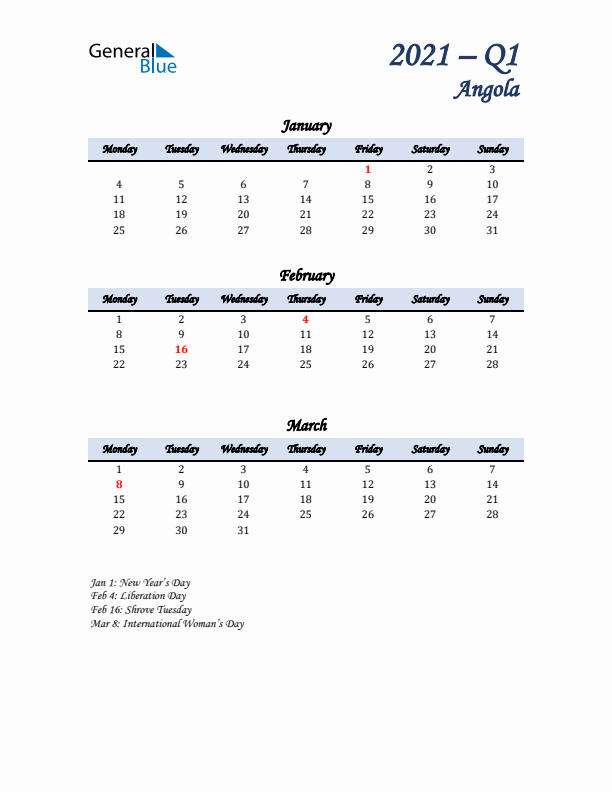 January, February, and March Calendar for Angola with Monday Start