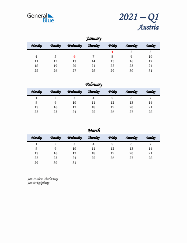 January, February, and March Calendar for Austria with Monday Start