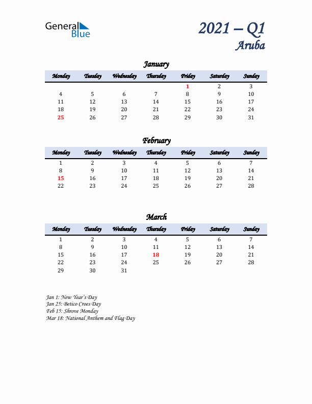 January, February, and March Calendar for Aruba with Monday Start