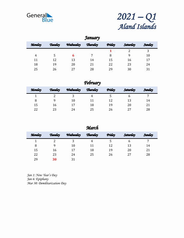 January, February, and March Calendar for Aland Islands with Monday Start