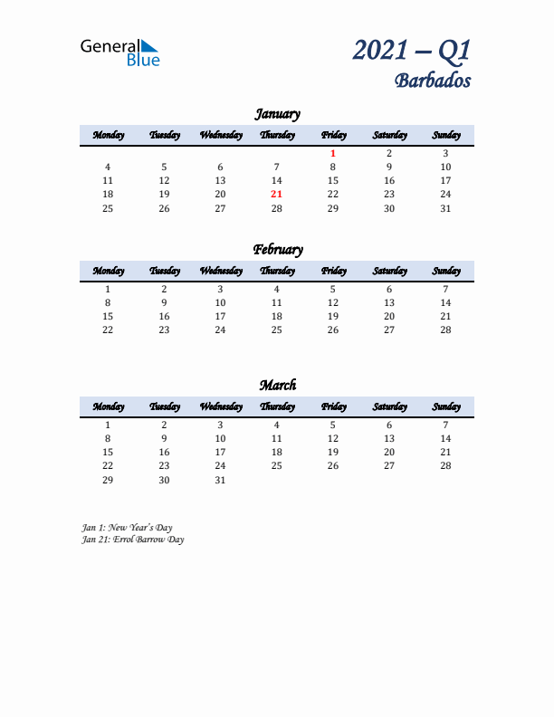 January, February, and March Calendar for Barbados with Monday Start