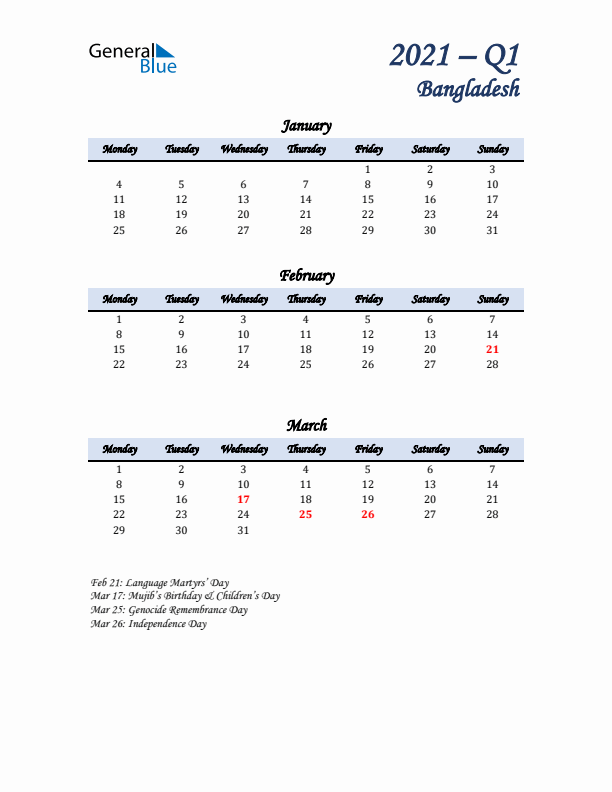 January, February, and March Calendar for Bangladesh with Monday Start