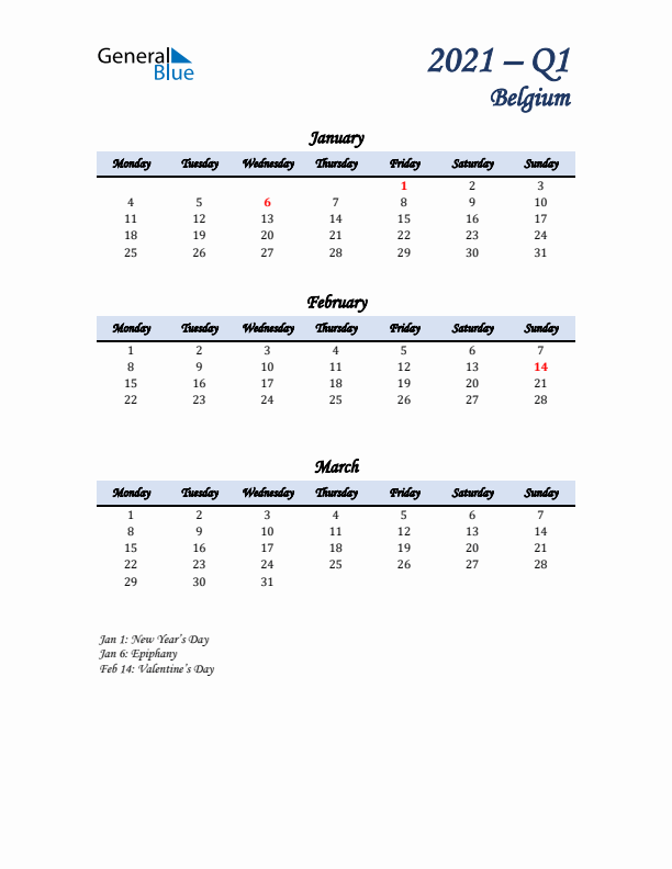 January, February, and March Calendar for Belgium with Monday Start