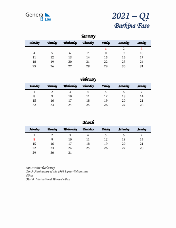 January, February, and March Calendar for Burkina Faso with Monday Start