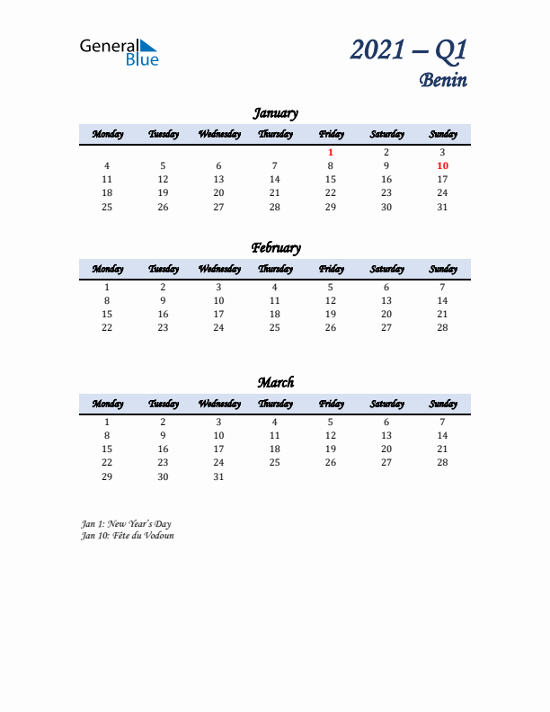 January, February, and March Calendar for Benin with Monday Start