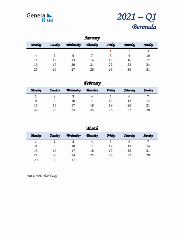 January, February, and March Calendar for Bermuda with Monday Start