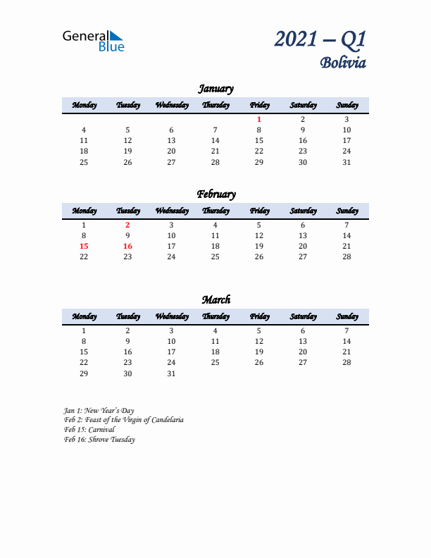 January, February, and March Calendar for Bolivia with Monday Start