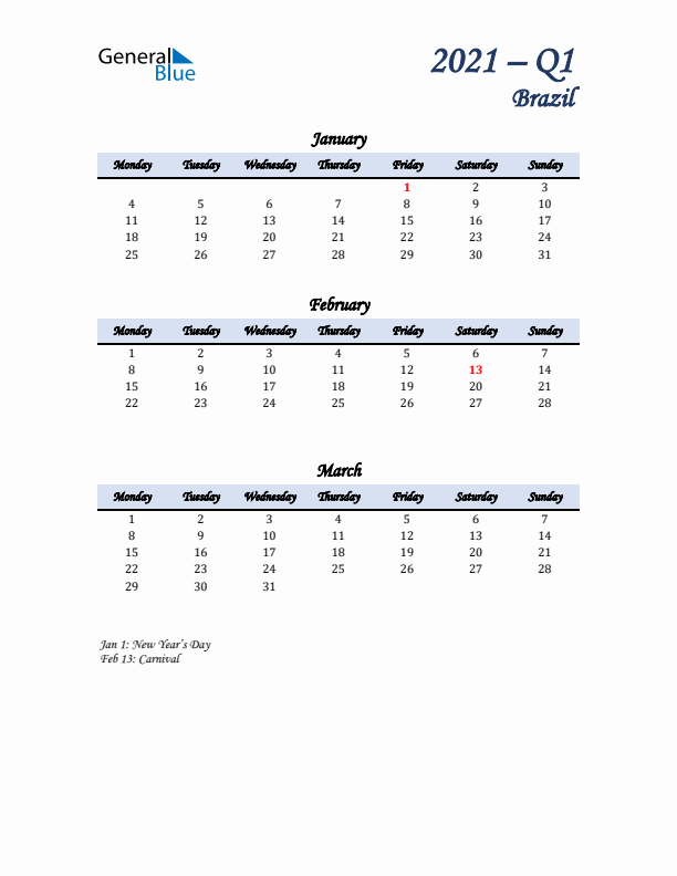 January, February, and March Calendar for Brazil with Monday Start