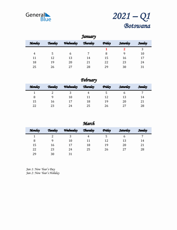 January, February, and March Calendar for Botswana with Monday Start