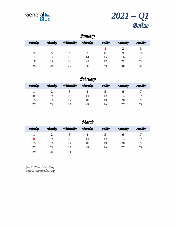 January, February, and March Calendar for Belize with Monday Start