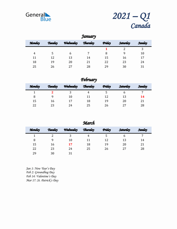 January, February, and March Calendar for Canada with Monday Start