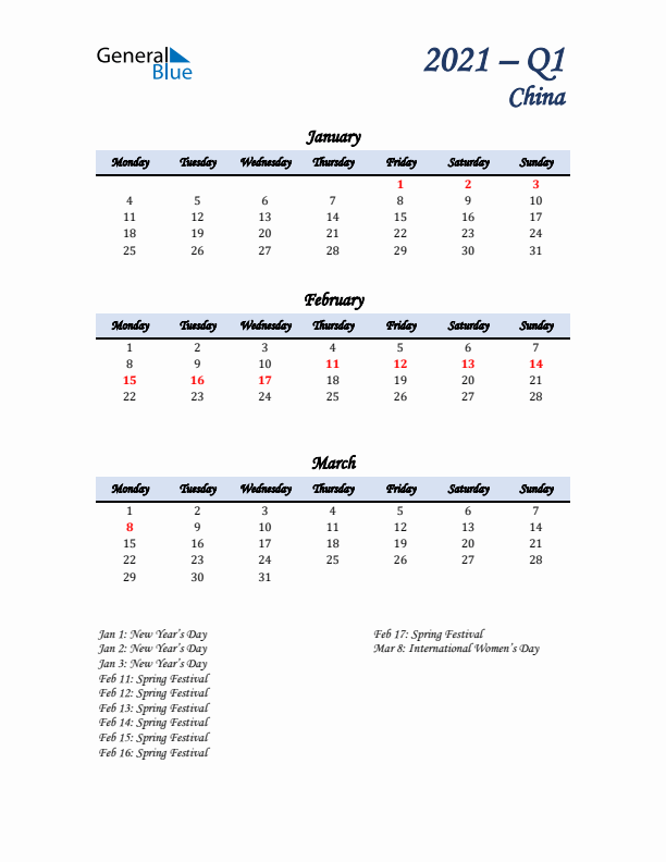 January, February, and March Calendar for China with Monday Start