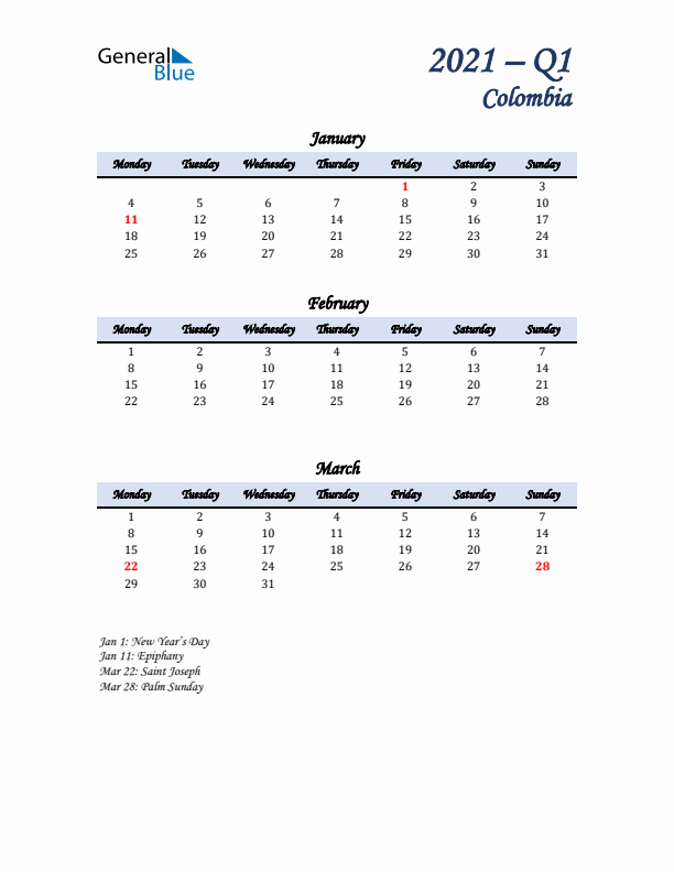 January, February, and March Calendar for Colombia with Monday Start