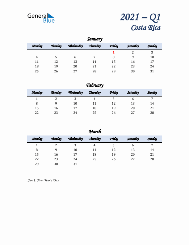 January, February, and March Calendar for Costa Rica with Monday Start