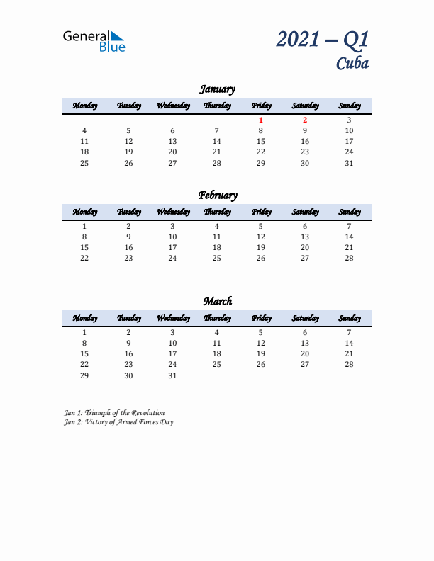 January, February, and March Calendar for Cuba with Monday Start