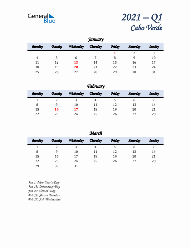 January, February, and March Calendar for Cabo Verde with Monday Start