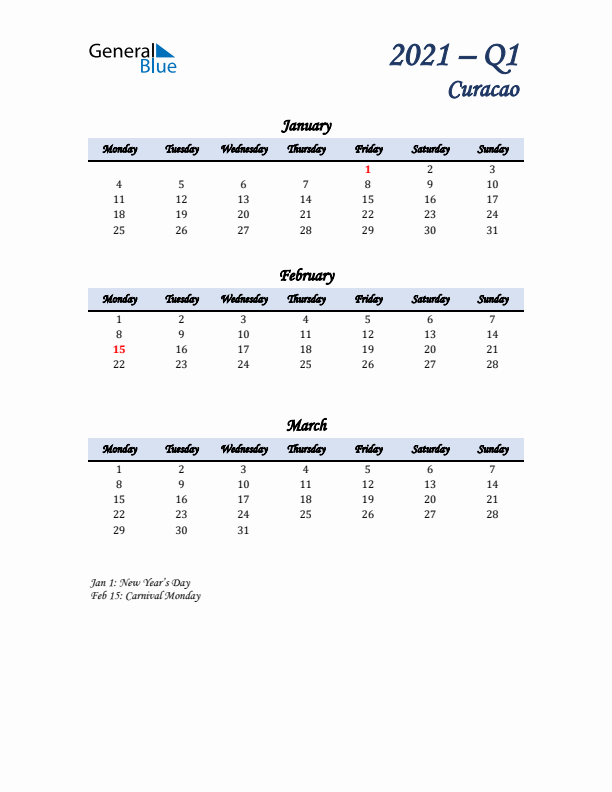 January, February, and March Calendar for Curacao with Monday Start