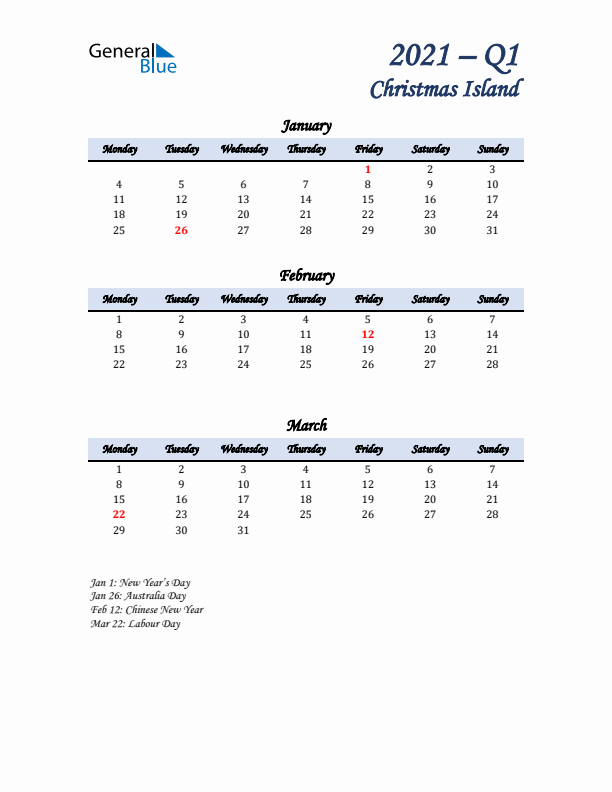 January, February, and March Calendar for Christmas Island with Monday Start