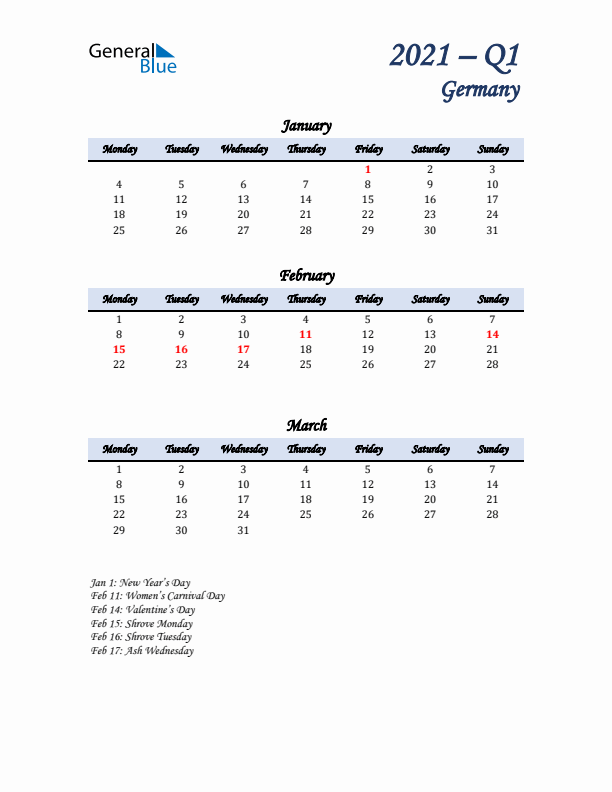 January, February, and March Calendar for Germany with Monday Start