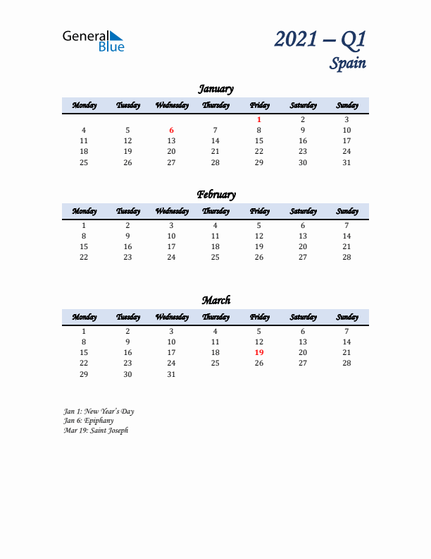 January, February, and March Calendar for Spain with Monday Start