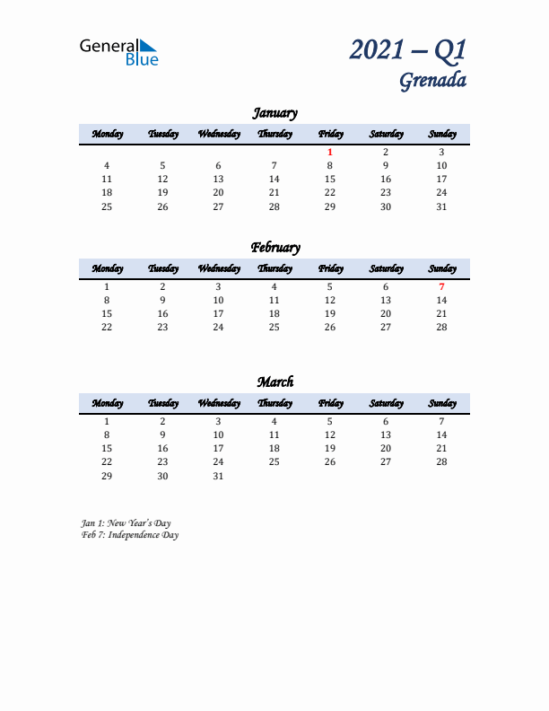 January, February, and March Calendar for Grenada with Monday Start