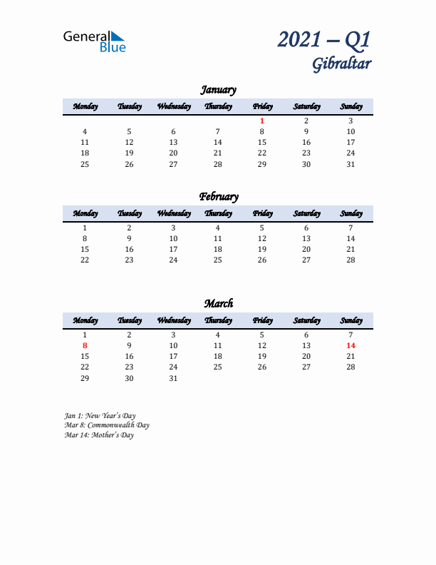 January, February, and March Calendar for Gibraltar with Monday Start