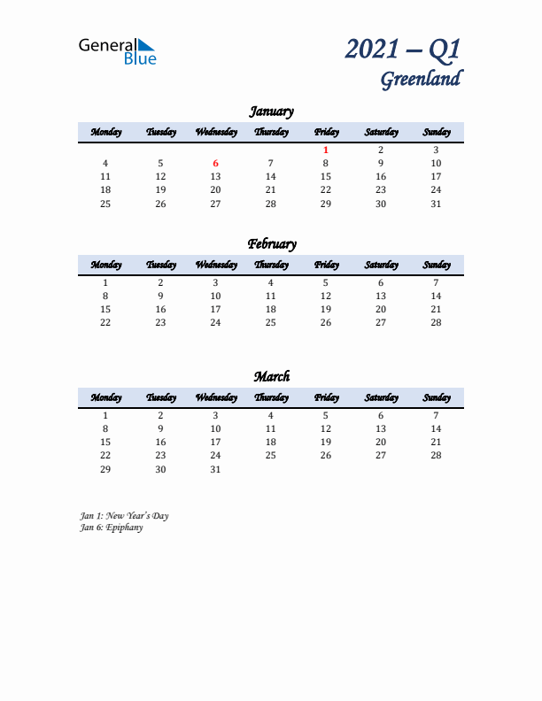 January, February, and March Calendar for Greenland with Monday Start