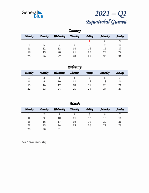 January, February, and March Calendar for Equatorial Guinea with Monday Start