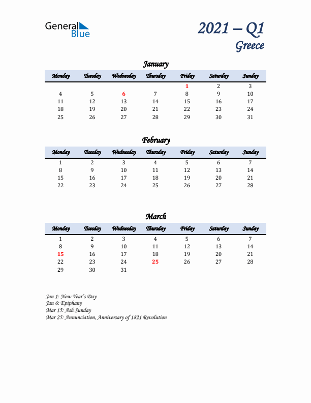 January, February, and March Calendar for Greece with Monday Start