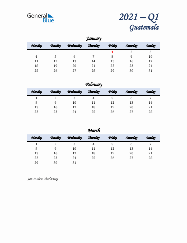 January, February, and March Calendar for Guatemala with Monday Start