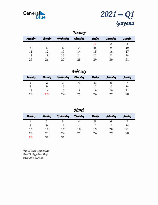 January, February, and March Calendar for Guyana with Monday Start