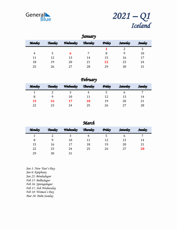 January, February, and March Calendar for Iceland with Monday Start