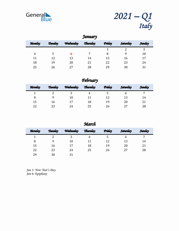 January, February, and March Calendar for Italy with Monday Start