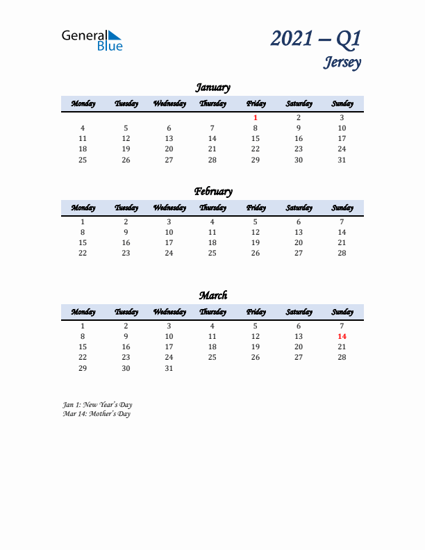 January, February, and March Calendar for Jersey with Monday Start