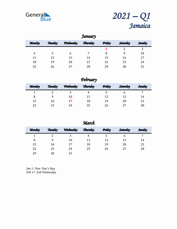 January, February, and March Calendar for Jamaica with Monday Start