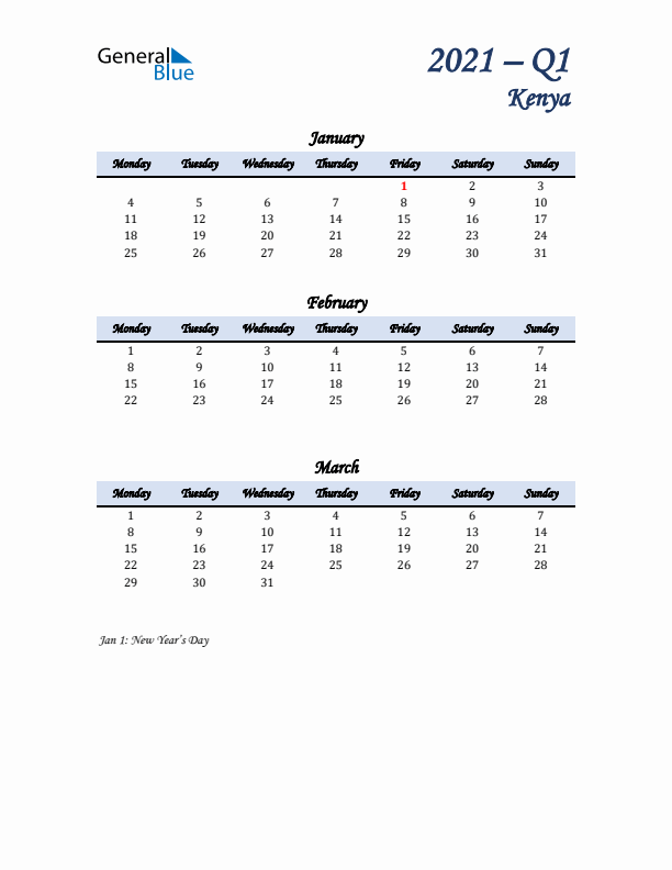 January, February, and March Calendar for Kenya with Monday Start