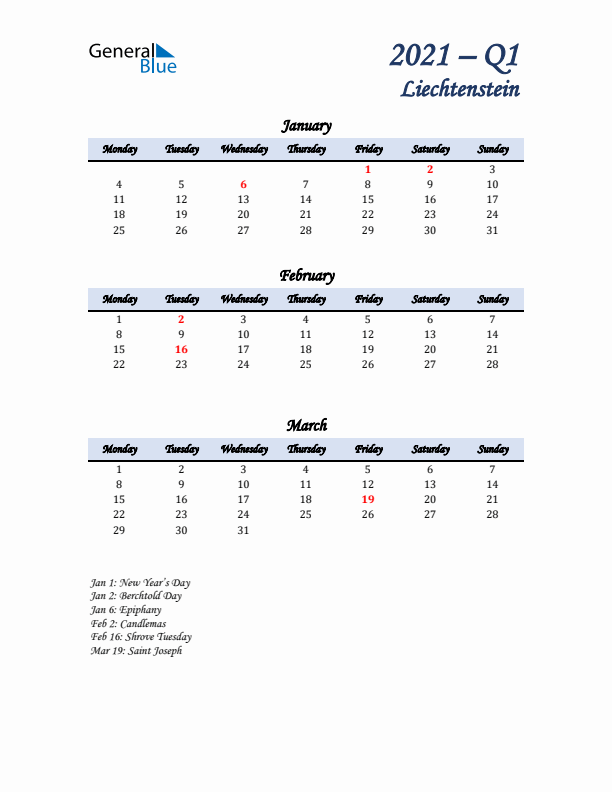 January, February, and March Calendar for Liechtenstein with Monday Start