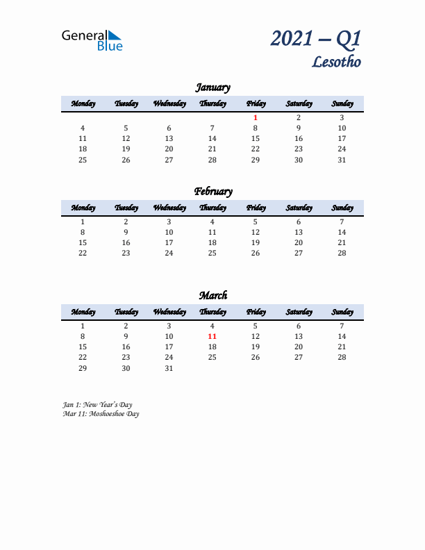 January, February, and March Calendar for Lesotho with Monday Start