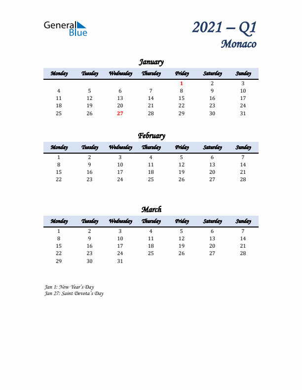 January, February, and March Calendar for Monaco with Monday Start