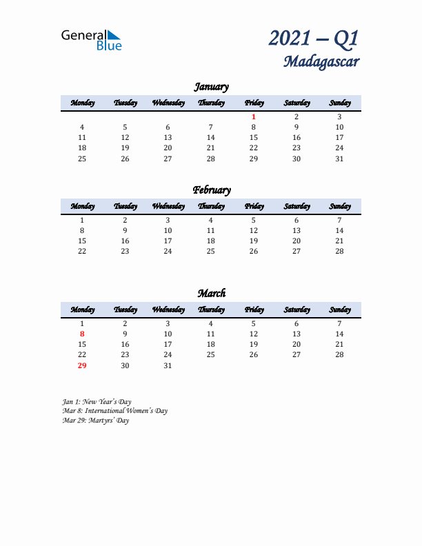 January, February, and March Calendar for Madagascar with Monday Start