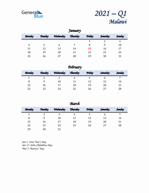 January, February, and March Calendar for Malawi with Monday Start