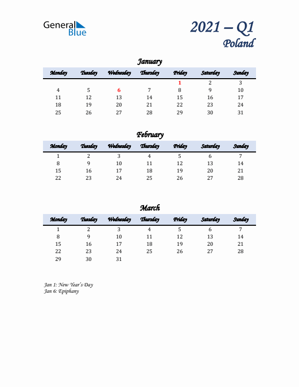 January, February, and March Calendar for Poland with Monday Start