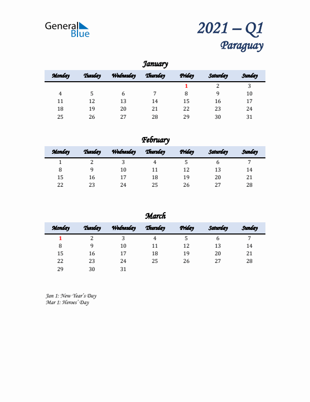 January, February, and March Calendar for Paraguay with Monday Start