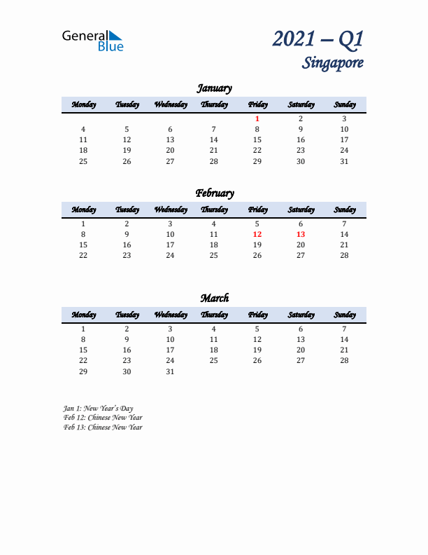 January, February, and March Calendar for Singapore with Monday Start